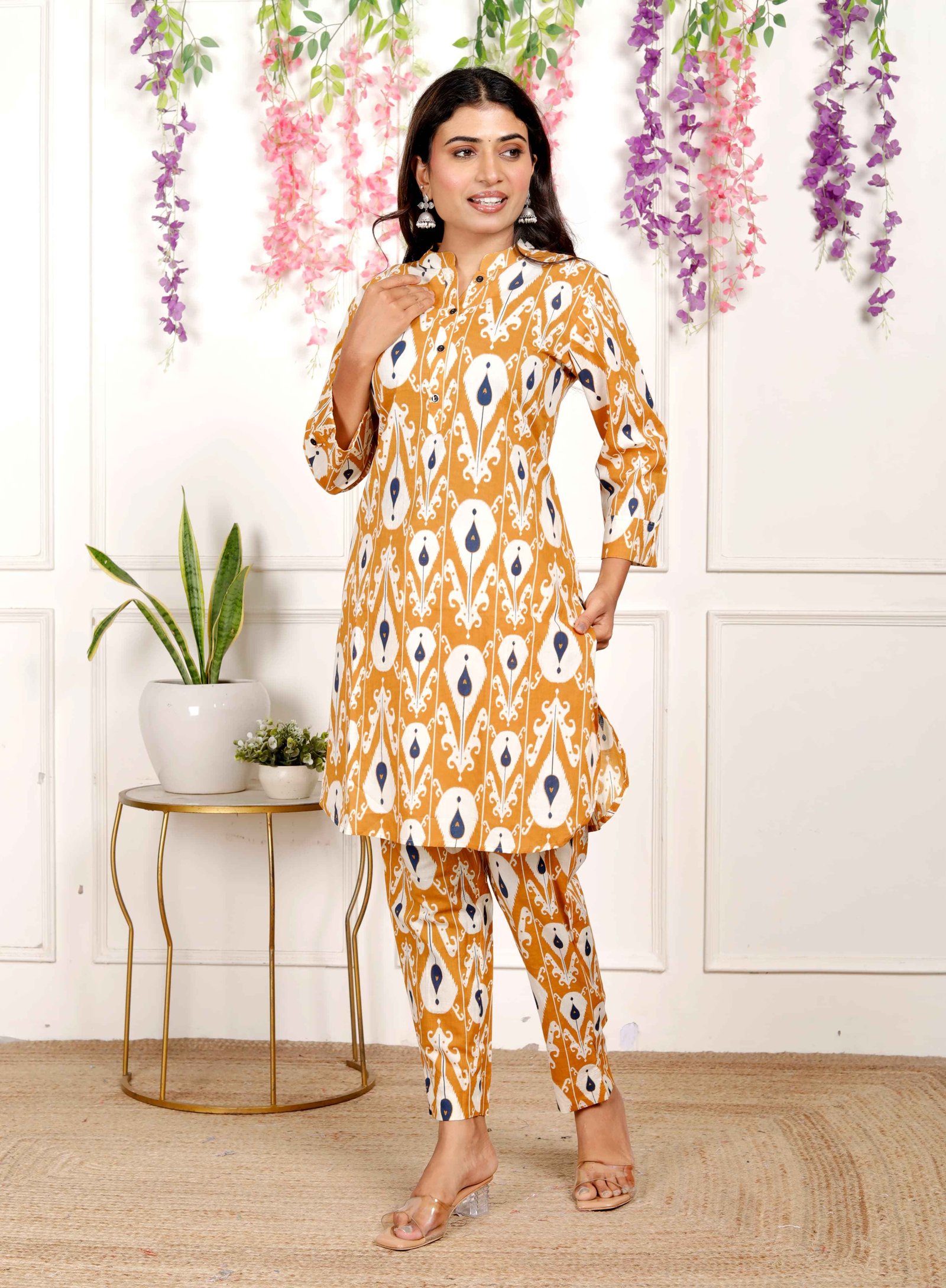  Mustard Ikat  printed cotton kurta set 